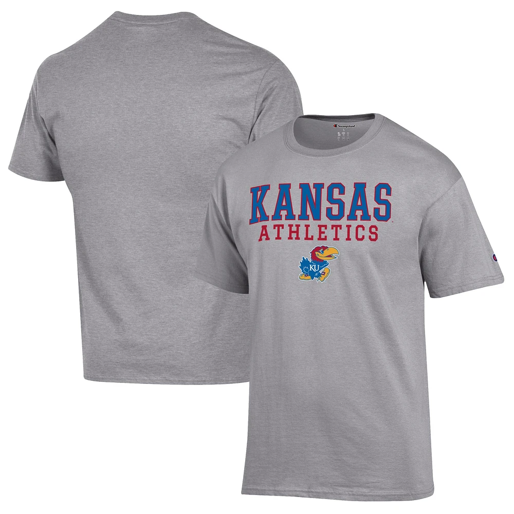 Men's Champion Gray Kansas Jayhawks Athletics Logo Stack T-Shirt