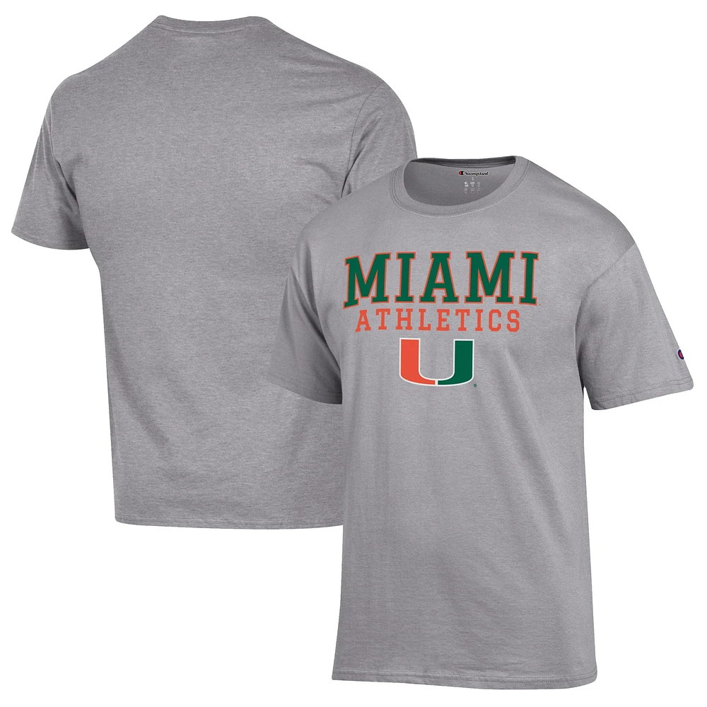 Men's Champion Gray Miami Hurricanes Athletics Logo Stack T-Shirt