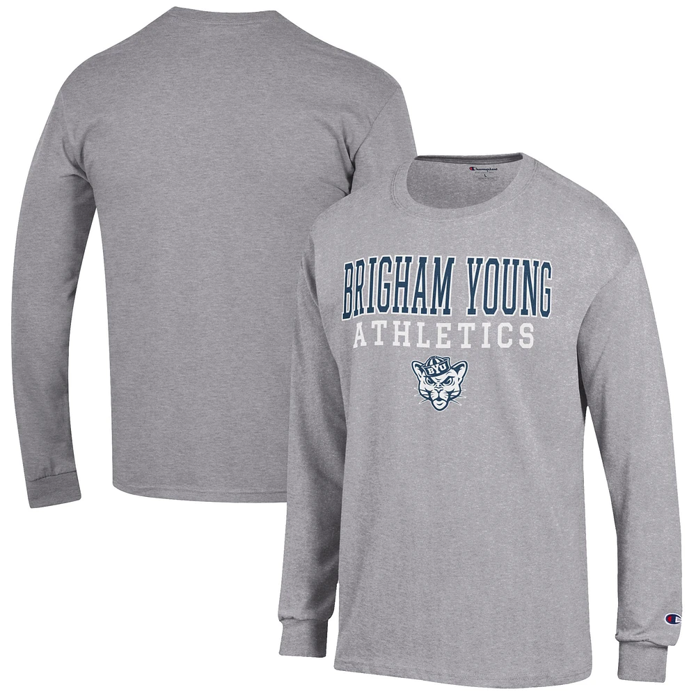 Men's Champion Gray BYU Cougars Athletics Logo Stack Long Sleeve T-Shirt