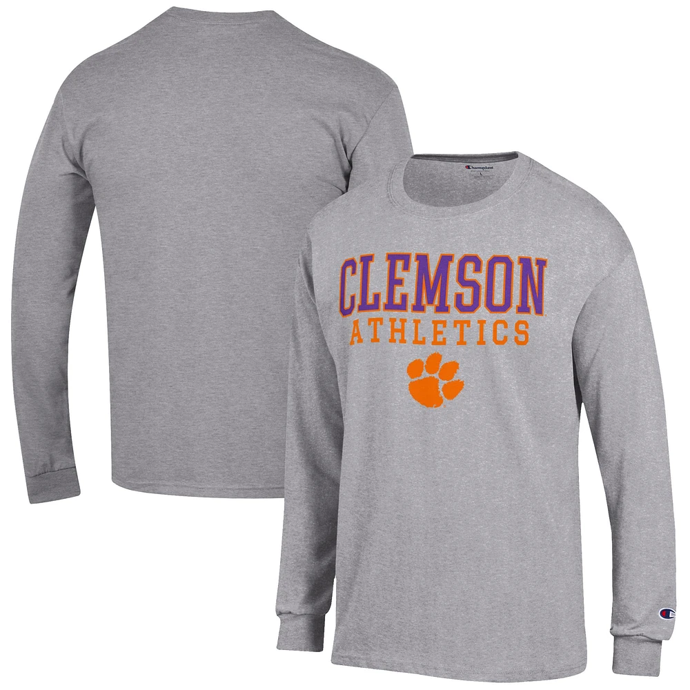 Men's Champion Gray Clemson Tigers Athletics Logo Stack Long Sleeve T-Shirt
