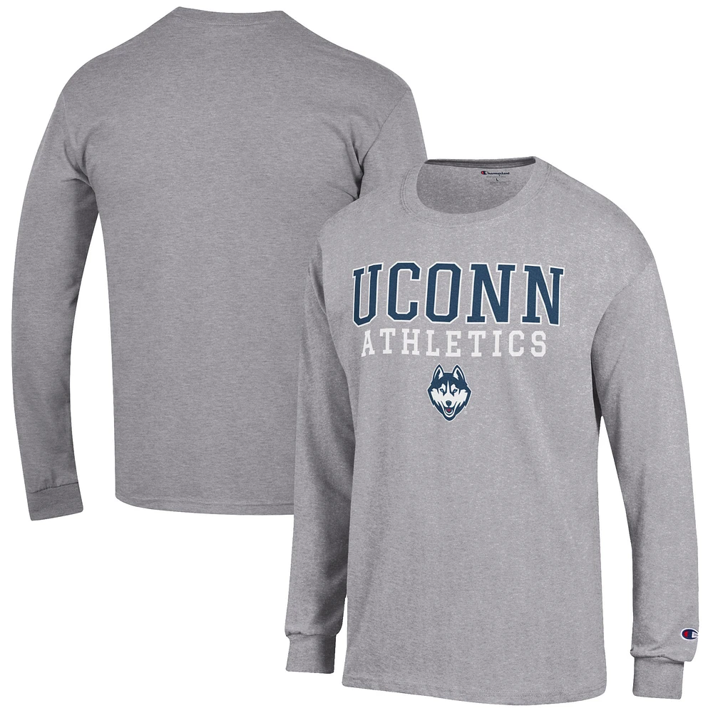 Men's Champion Gray UConn Huskies Athletics Logo Stack Long Sleeve T-Shirt