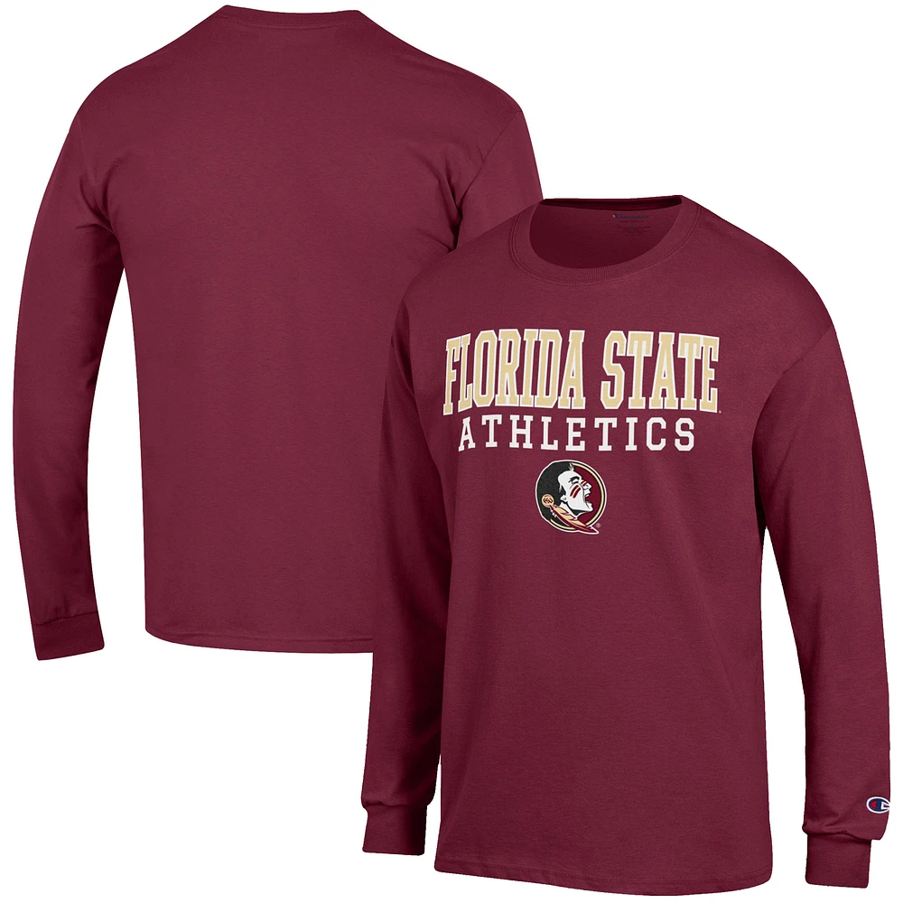Men's Champion Garnet Florida State Seminoles Athletics Logo Stack Long Sleeve T-Shirt