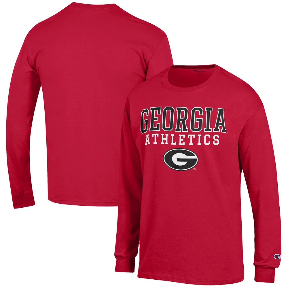 Men's Champion Red Georgia Bulldogs Athletics Logo Stack Long Sleeve T-Shirt