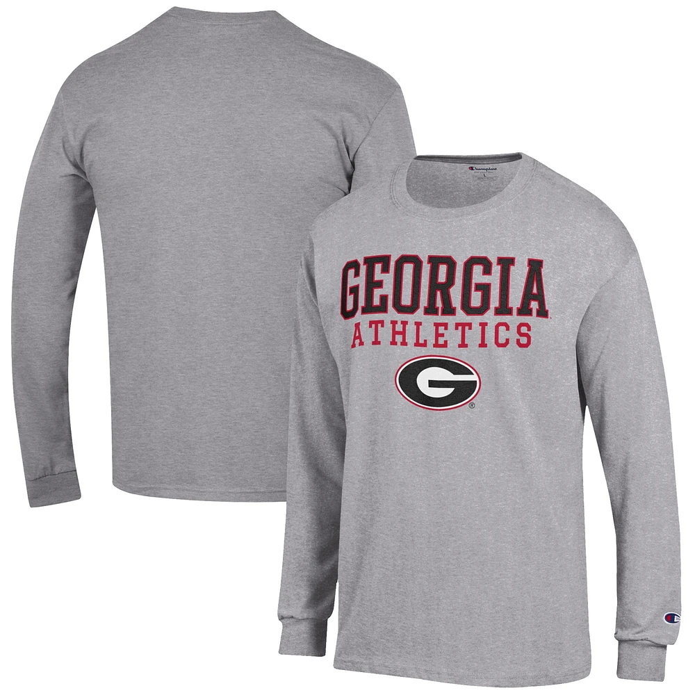 Men's Champion Gray Georgia Bulldogs Athletics Logo Stack Long Sleeve T-Shirt