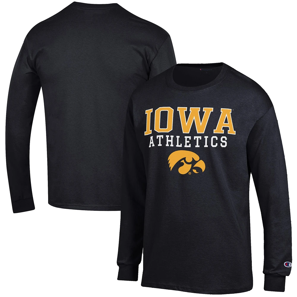 Men's Champion Black Iowa Hawkeyes Athletics Logo Stack Long Sleeve T-Shirt