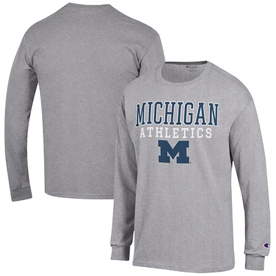 Men's Champion Gray Michigan Wolverines Athletics Logo Stack Long Sleeve T-Shirt