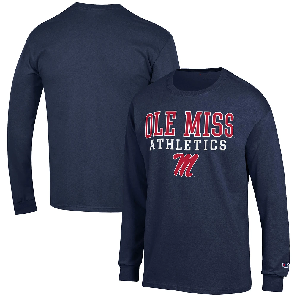 Men's Champion Navy Ole Miss Rebels Athletics Logo Stack Long Sleeve T-Shirt