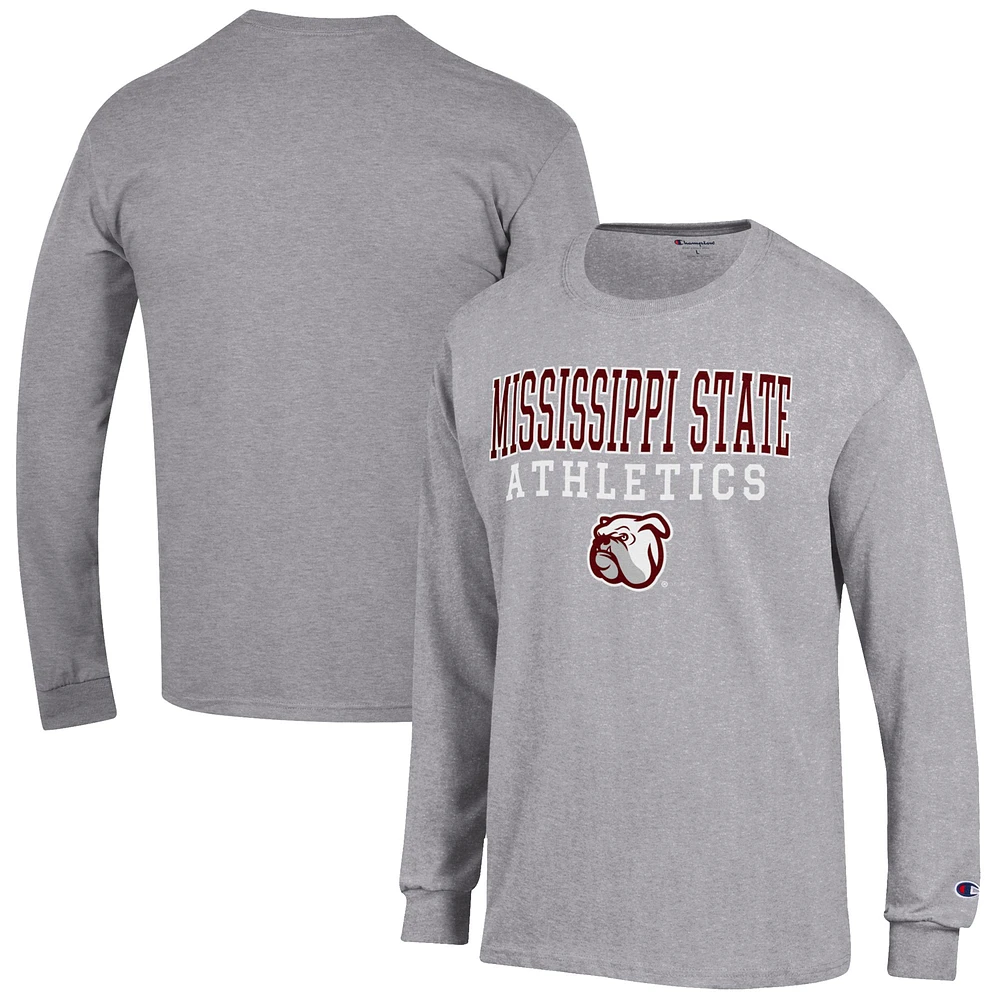 Men's Champion Gray Mississippi State Bulldogs Athletics Logo Stack Long Sleeve T-Shirt