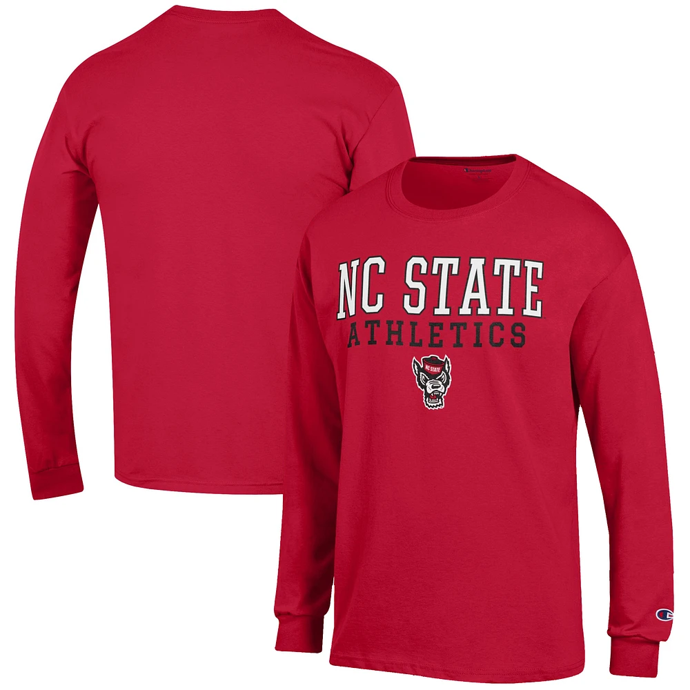 Men's Champion Red NC State Wolfpack Athletics Logo Stack Long Sleeve T-Shirt