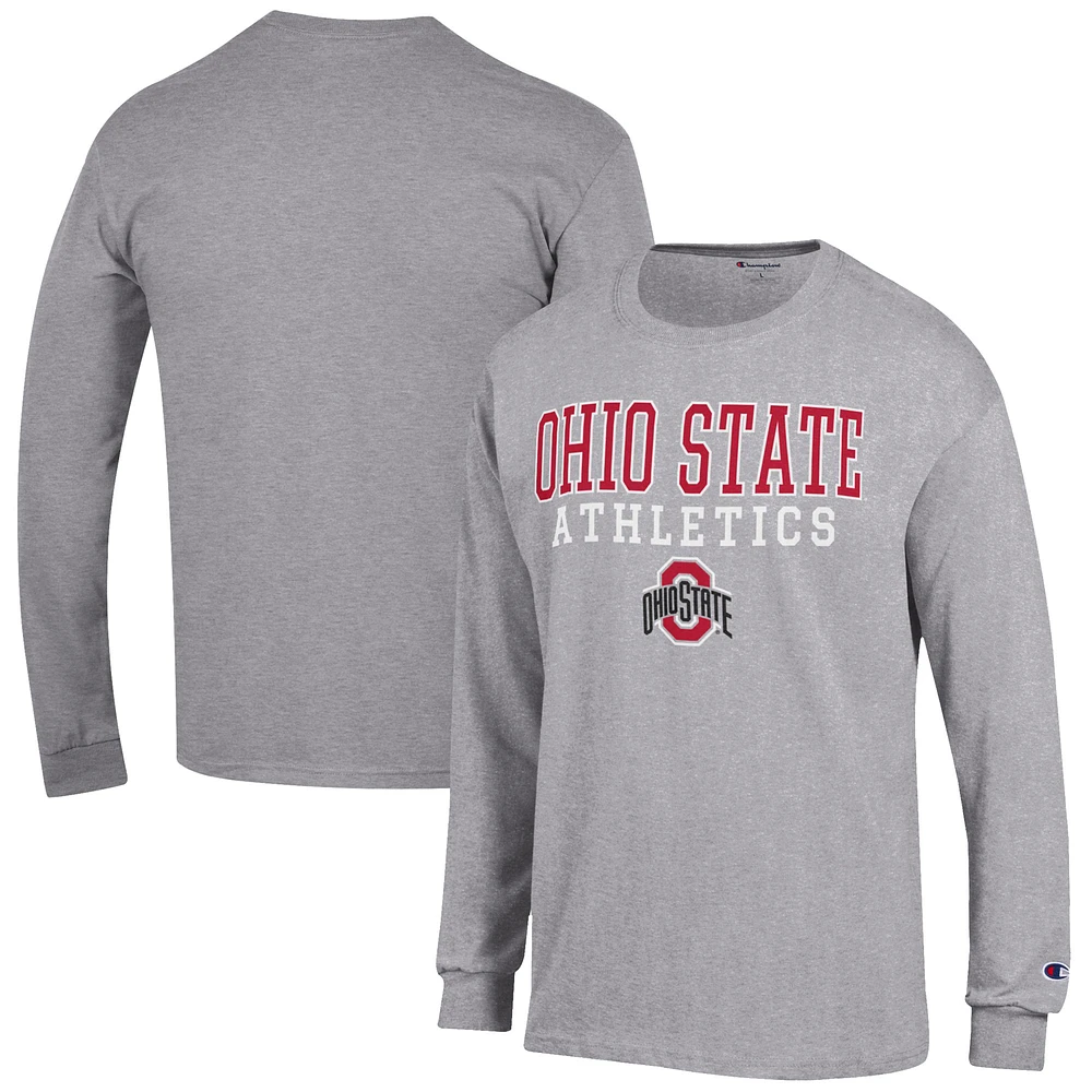 Men's Champion Gray Ohio State Buckeyes Athletics Logo Stack Long Sleeve T-Shirt