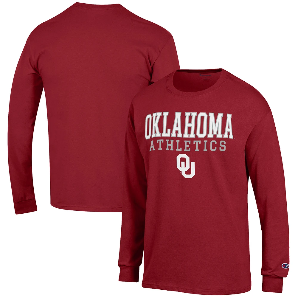 Men's Champion Crimson Oklahoma Sooners Athletics Logo Stack Long Sleeve T-Shirt
