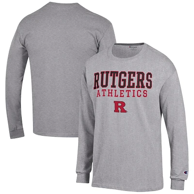 Men's Champion Gray Rutgers Scarlet Knights Athletics Logo Stack Long Sleeve T-Shirt