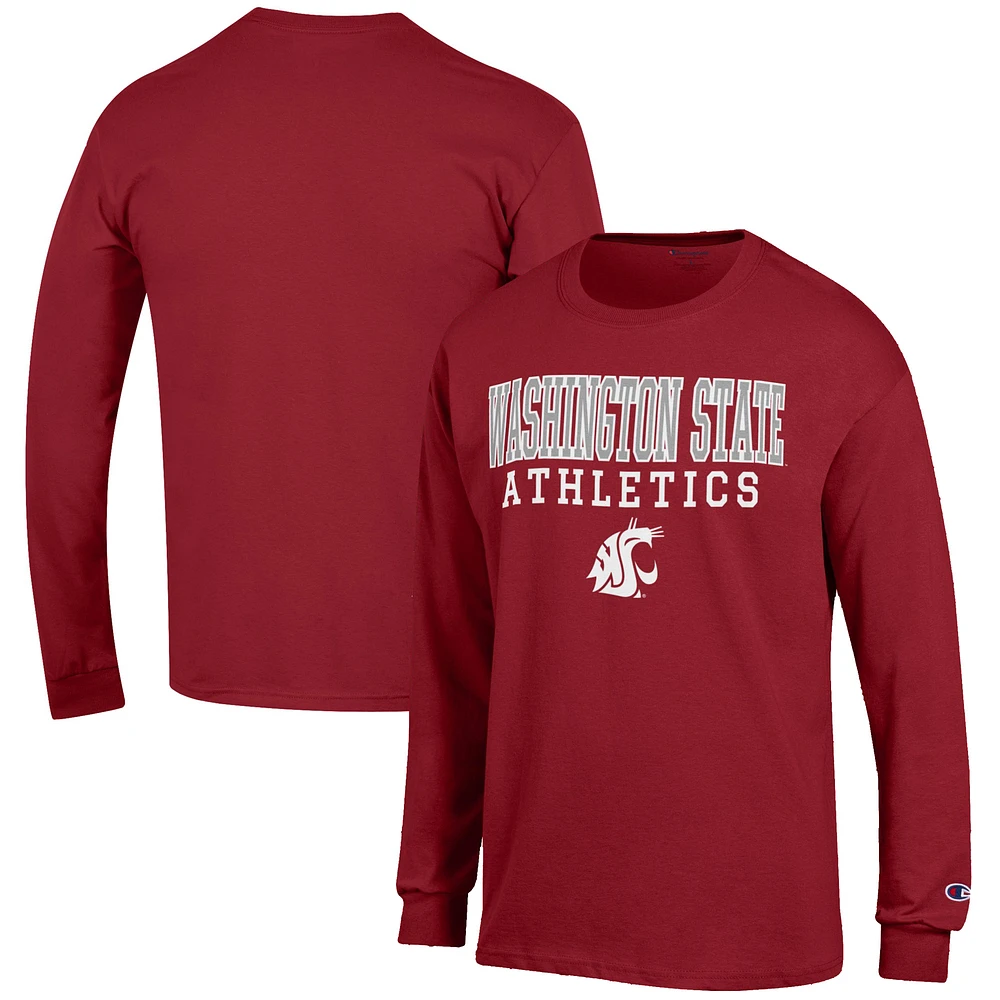 Men's Champion Crimson Washington State Cougars Athletics Logo Stack Long Sleeve T-Shirt
