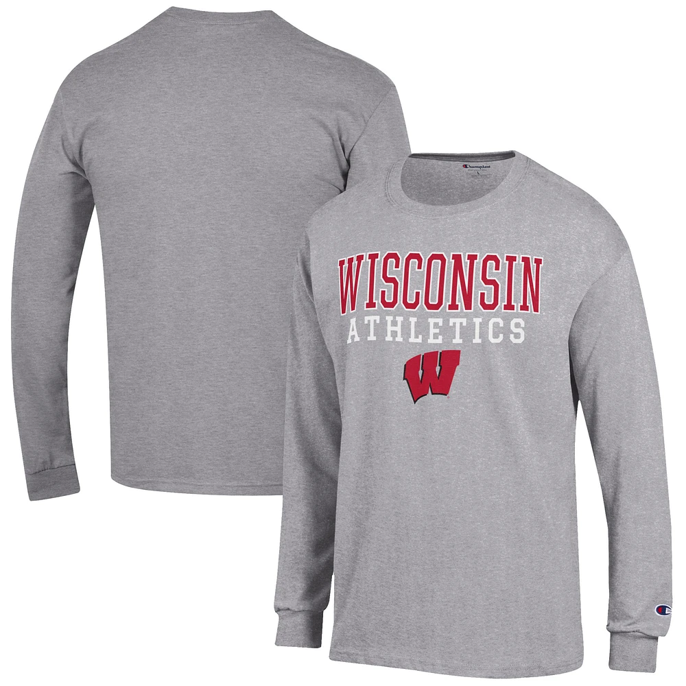 Men's Champion Gray Wisconsin Badgers Athletics Logo Stack Long Sleeve T-Shirt