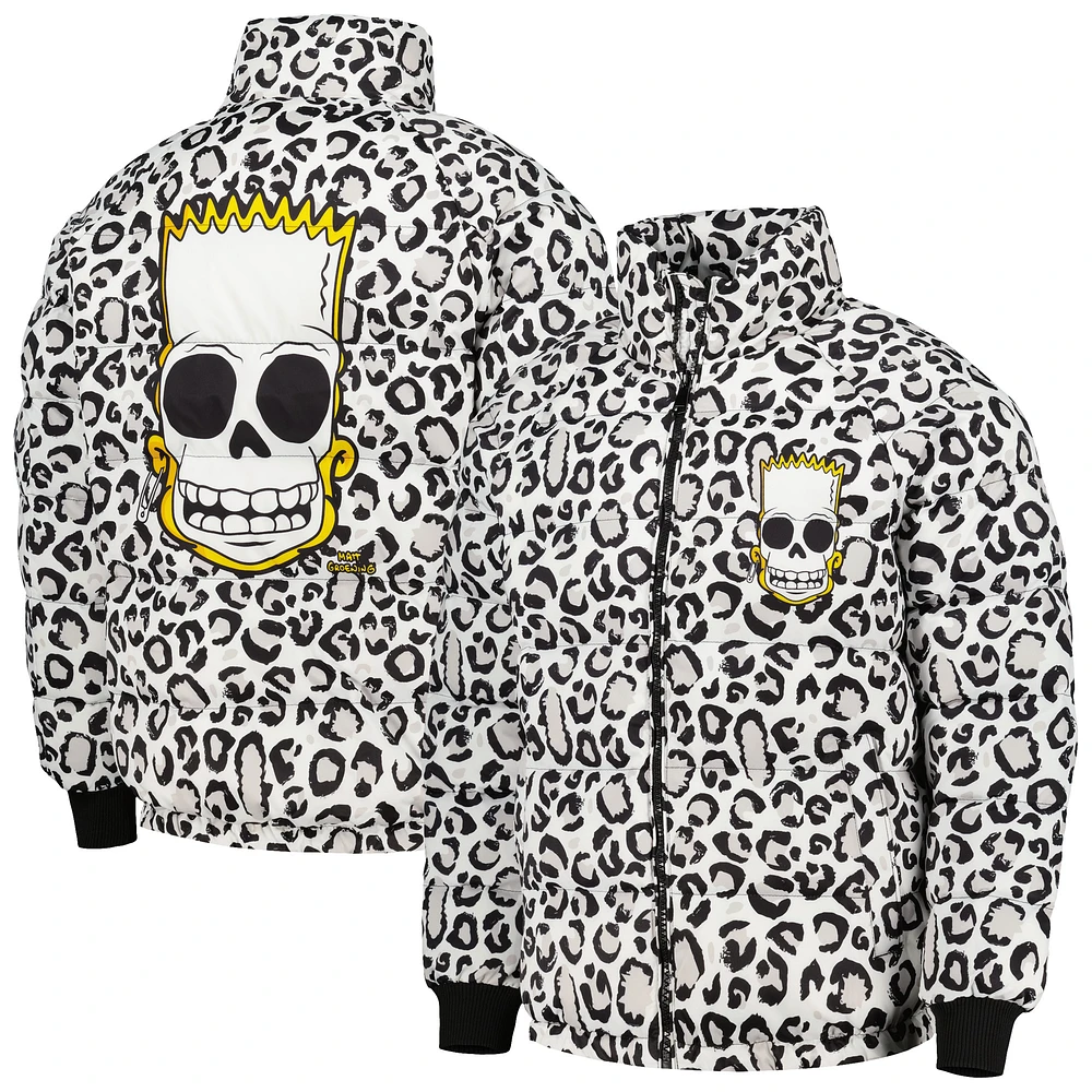 Men's Freeze Max White The Simpsons Bart Leopard Print Raglan Full-Zip Puffer Jacket