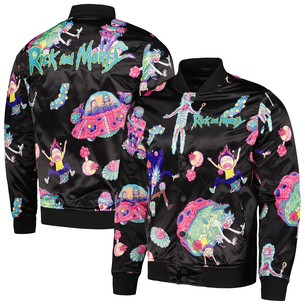 Men's Freeze Max Black Rick And Morty Graphic Satin Full-Snap Jacket