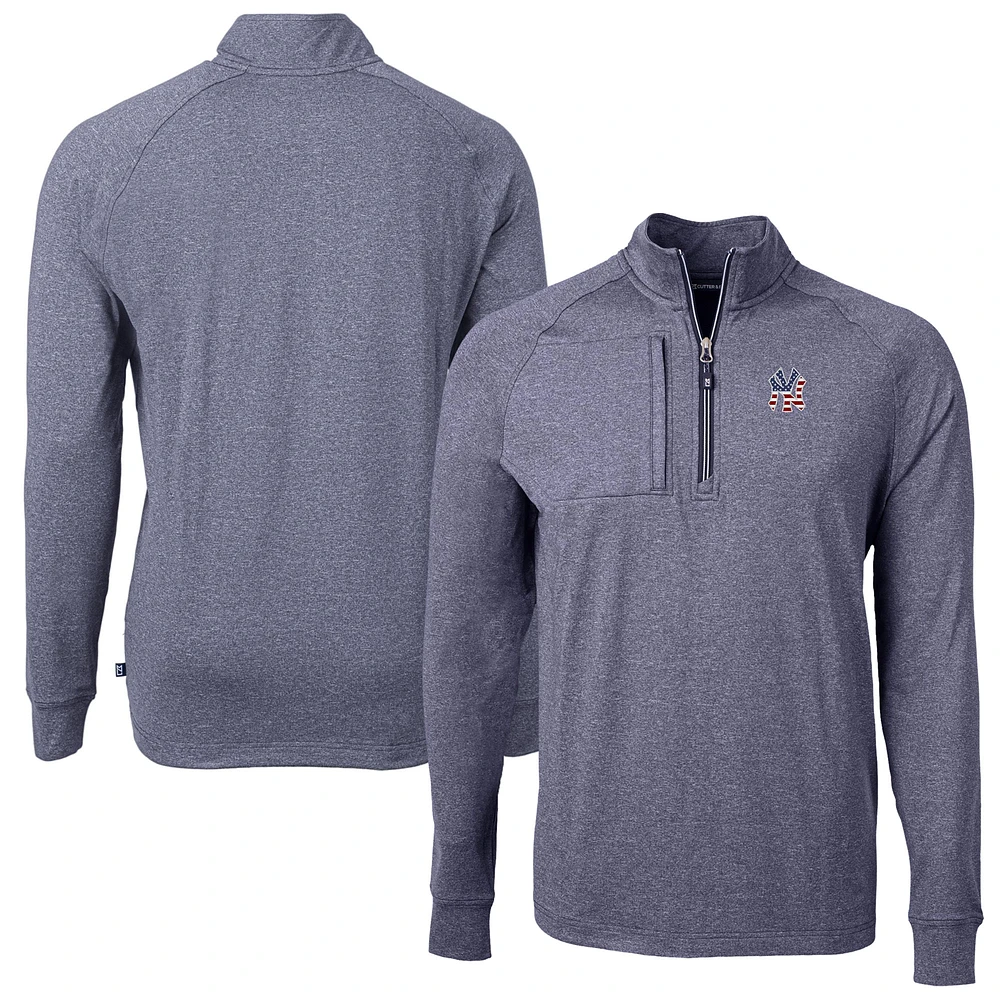 Men's Cutter & Buck Heather Navy New York Yankees Americana Logo Adapt Eco Knit Stretch Recycled Quarter-Zip Pullover Top