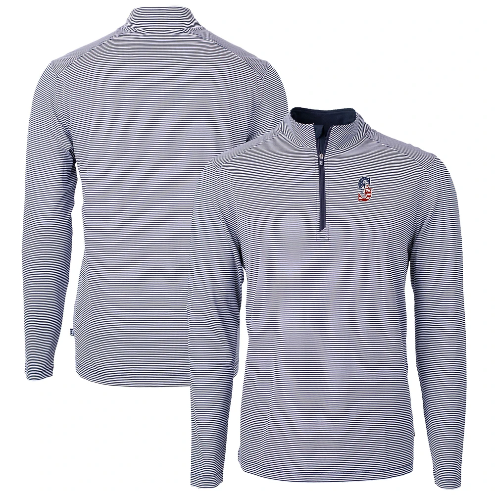 Men's Cutter & Buck Navy Seattle Mariners Americana Logo Virtue Eco Pique Stripe Recycled Quarter-Zip Pullover Top