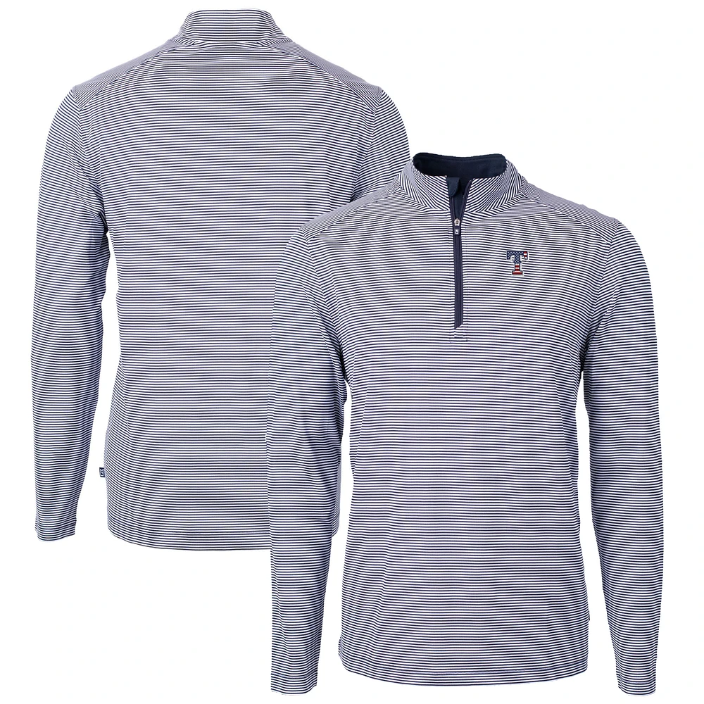 Men's Cutter & Buck Navy Texas Rangers Americana Logo Virtue Eco Pique Stripe Recycled Quarter-Zip Pullover Top