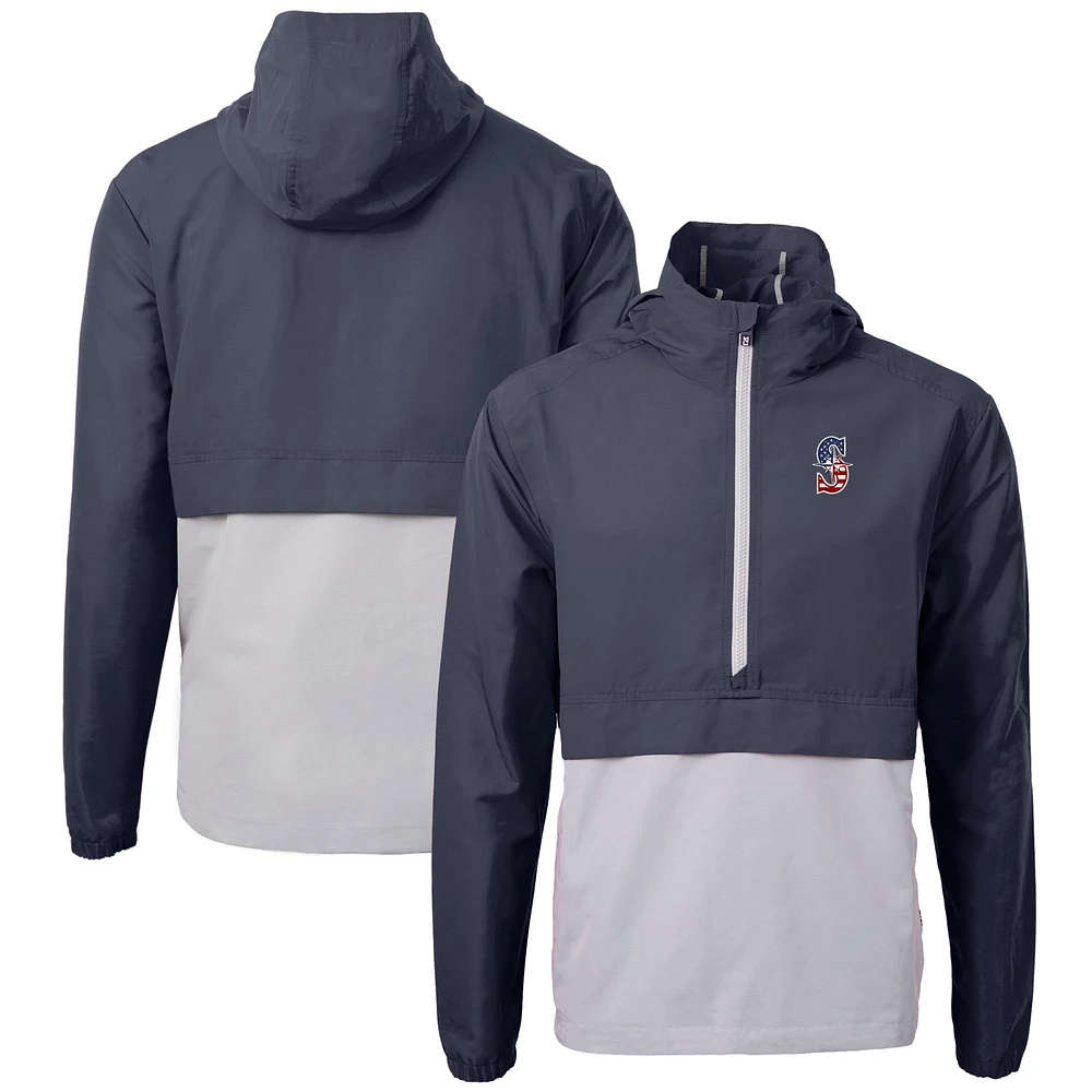 Men's Cutter & Buck Navy/Gray Seattle Mariners Americana Logo Charter Eco Knit Recycled Anorak Half-Zip Jacket