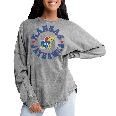 Women's Gameday Couture Gray Kansas Jayhawks Playing Around Faded Wash Oversized Long Sleeve T-Shirt