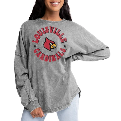 Women's Gameday Couture Gray Louisville Cardinals Playing Around Faded Wash Oversized Long Sleeve T-Shirt