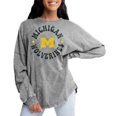 Women's Gameday Couture Gray Michigan Wolverines Playing Around Faded Wash Oversized Long Sleeve T-Shirt