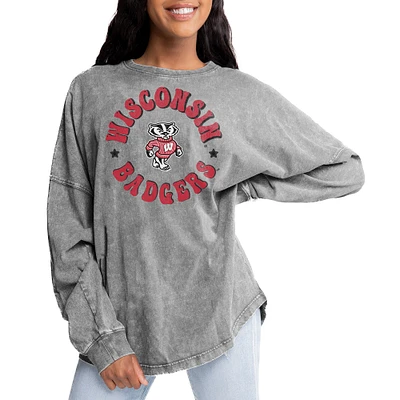 Women's Gameday Couture Gray Wisconsin Badgers Playing Around Faded Wash Oversized Long Sleeve T-Shirt