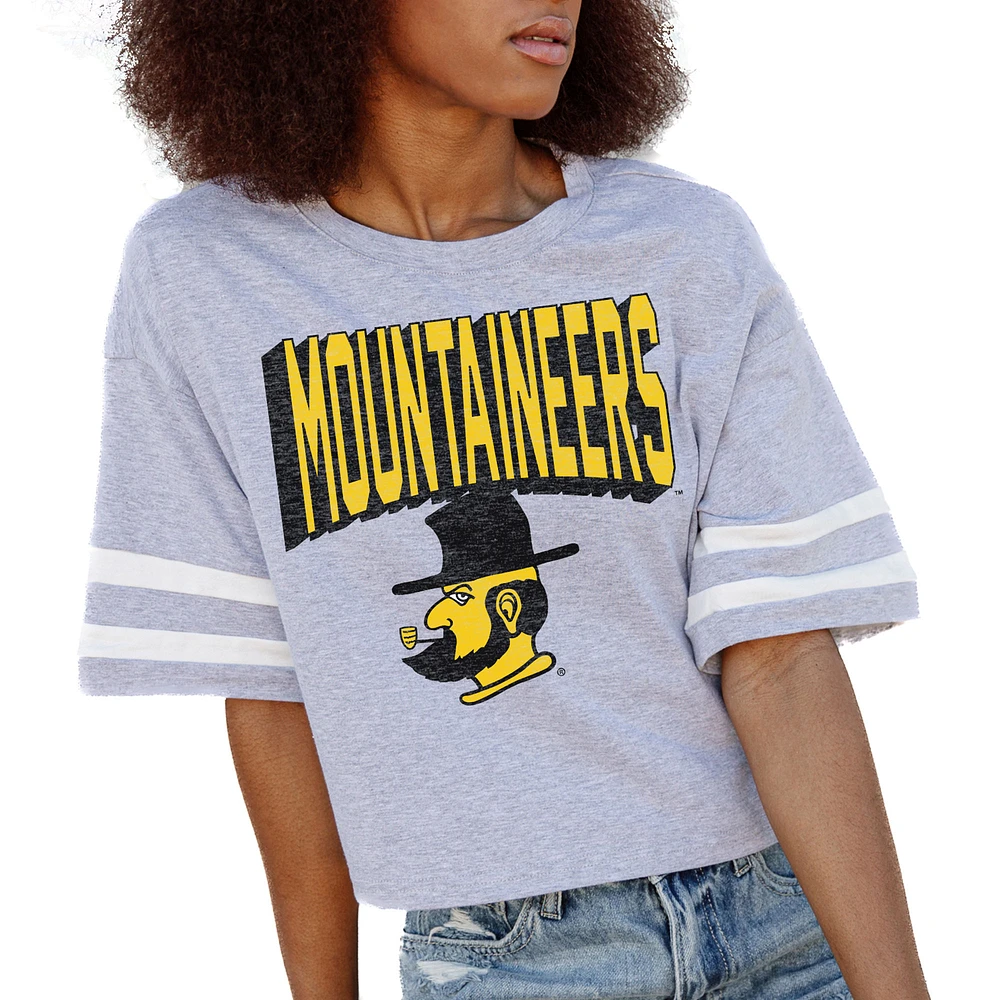 Women's Gameday Couture Gray Appalachian State Mountaineers No Shortcuts Drop Shoulder Sleeve Stripe Cropped T-Shirt
