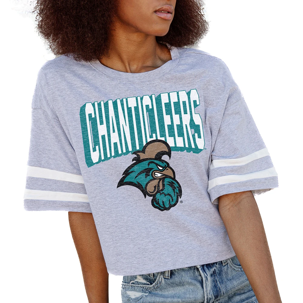 Women's Gameday Couture Gray Coastal Carolina Chanticleers No Shortcuts Drop Shoulder Sleeve Stripe Cropped T-Shirt