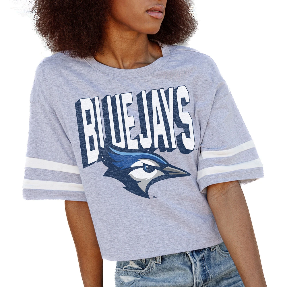 Women's Gameday Couture Gray Creighton Bluejays No Shortcuts Drop Shoulder Sleeve Stripe Cropped T-Shirt