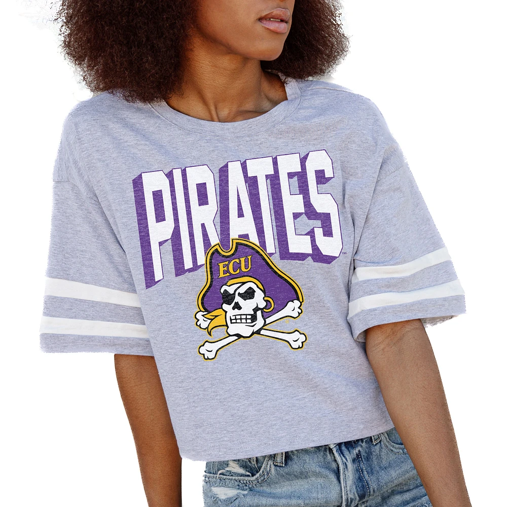 Women's Gameday Couture Gray ECU Pirates No Shortcuts Drop Shoulder Sleeve Stripe Cropped T-Shirt