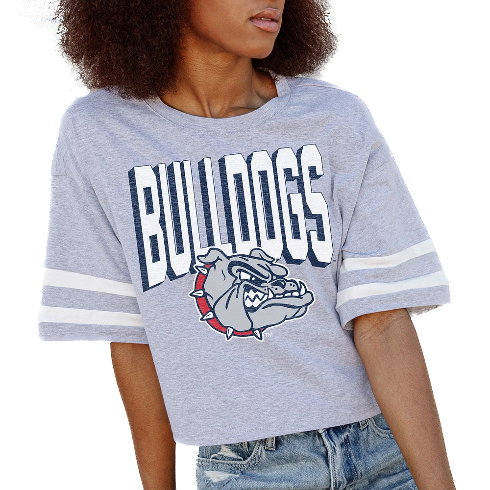 Women's Gameday Couture Gray Gonzaga Bulldogs No Shortcuts Drop Shoulder Sleeve Stripe Cropped T-Shirt