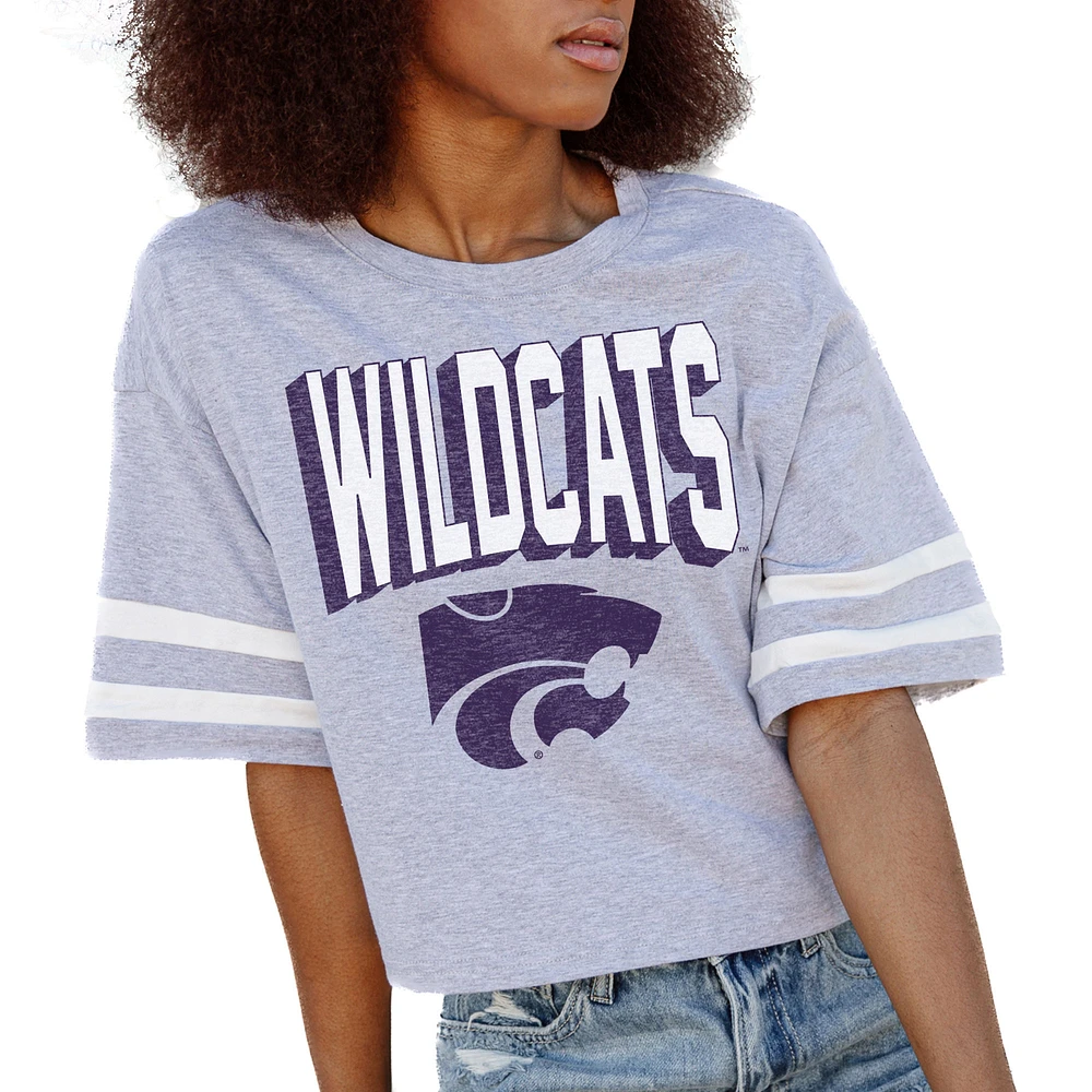 Women's Gameday Couture Gray Kansas State Wildcats No Shortcuts Drop Shoulder Sleeve Stripe Cropped T-Shirt
