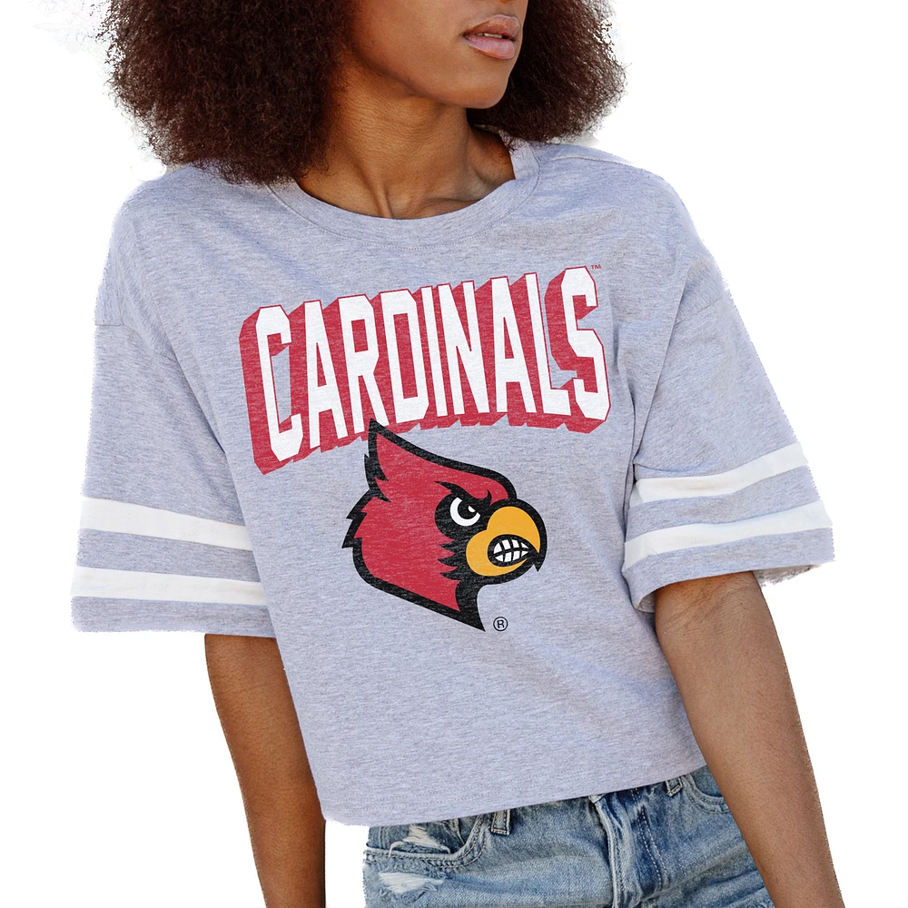 Women's Gameday Couture Gray Louisville Cardinals No Shortcuts Drop Shoulder Sleeve Stripe Cropped T-Shirt