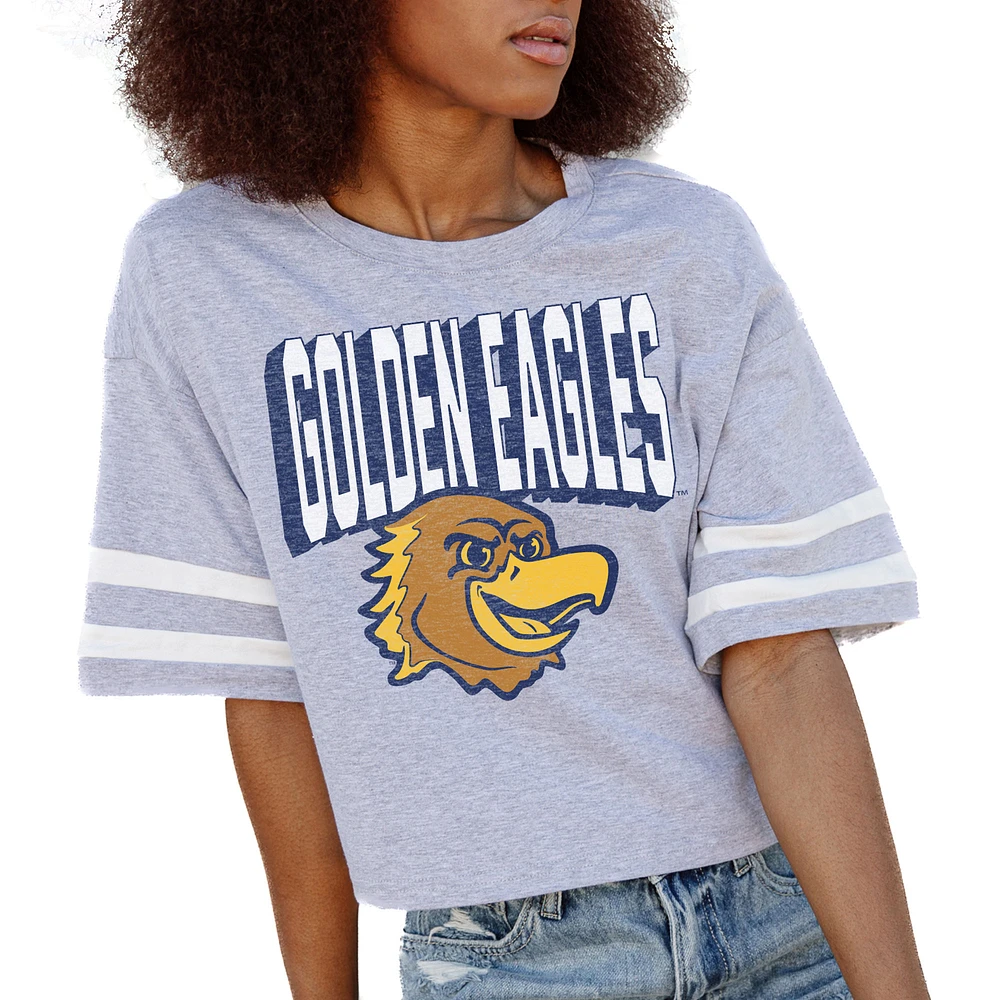 Women's Gameday Couture Gray Marquette Golden Eagles No Shortcuts Drop Shoulder Sleeve Stripe Cropped T-Shirt