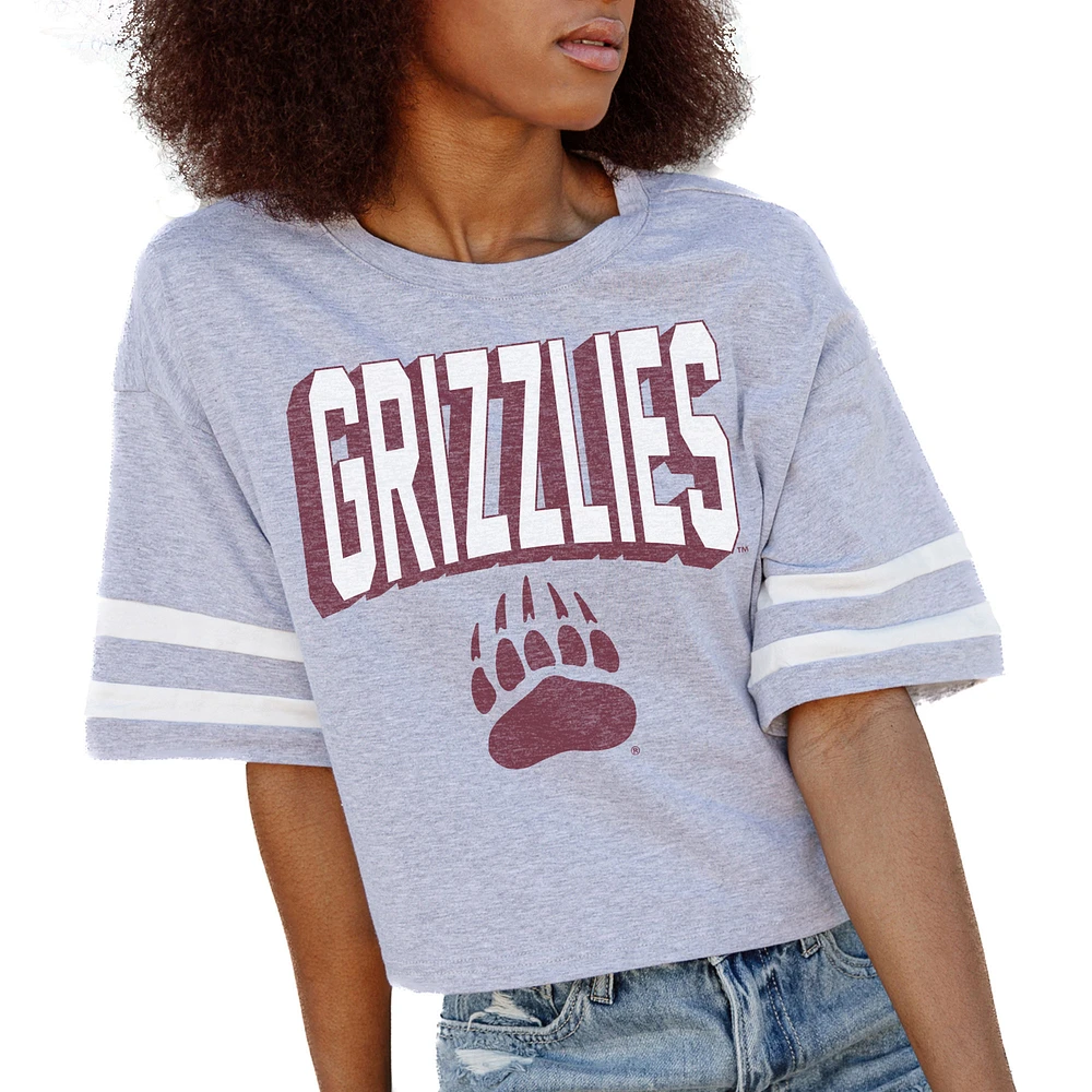 Women's Gameday Couture Gray Montana Grizzlies No Shortcuts Drop Shoulder Sleeve Stripe Cropped T-Shirt