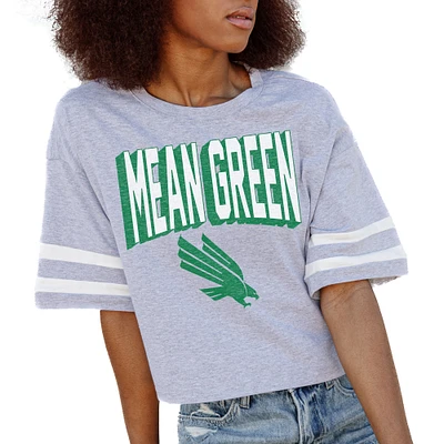 Women's Gameday Couture Gray North Texas Mean Green No Shortcuts Drop Shoulder Sleeve Stripe Cropped T-Shirt