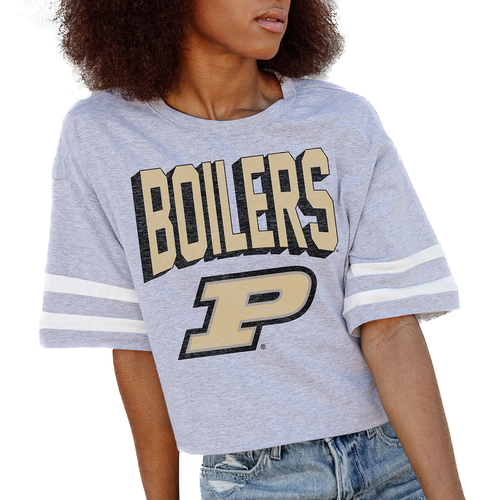 Women's Gameday Couture Gray Purdue Boilermakers No Shortcuts Drop Shoulder Sleeve Stripe Cropped T-Shirt