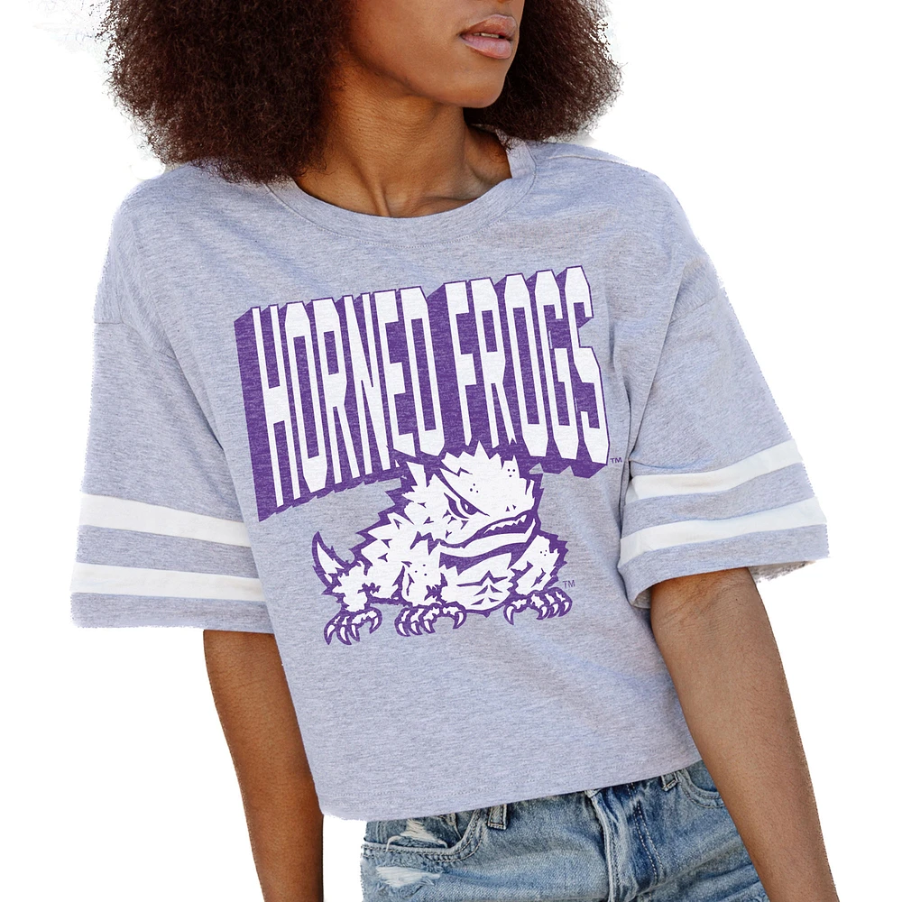 Women's Gameday Couture Gray TCU Horned Frogs No Shortcuts Drop Shoulder Sleeve Stripe Cropped T-Shirt