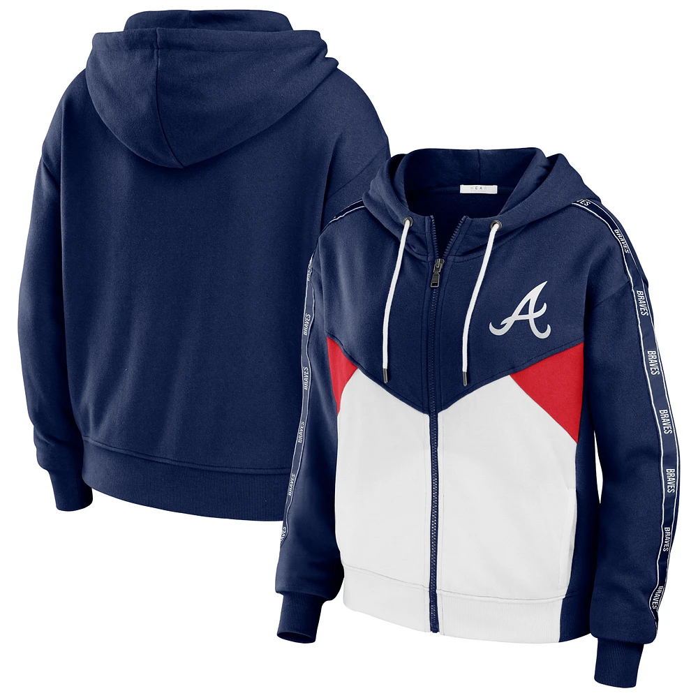 Women's WEAR by Erin Andrews Navy/White Atlanta Braves Color Block Full-Zip Hoodie
