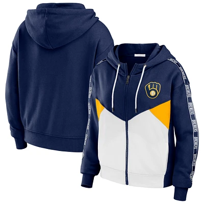 Women's WEAR by Erin Andrews Navy/White Milwaukee Brewers Color Block Full-Zip Hoodie
