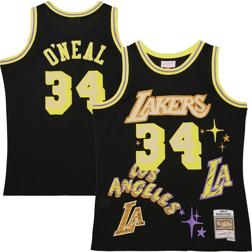 Men's Mitchell & Ness Shaquille O'Neal Black Los Angeles Lakers 1996/97 Swingman Sidewalk Sketch Jersey