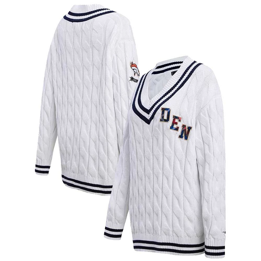 Women's Pro Standard White Denver Broncos Prep V-Neck Pullover Sweater