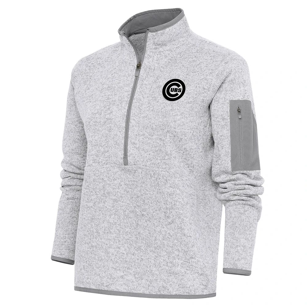 Women's Antigua Heather Gray Chicago Cubs Brushed Metallic Fortune Half-Zip Pullover Jacket