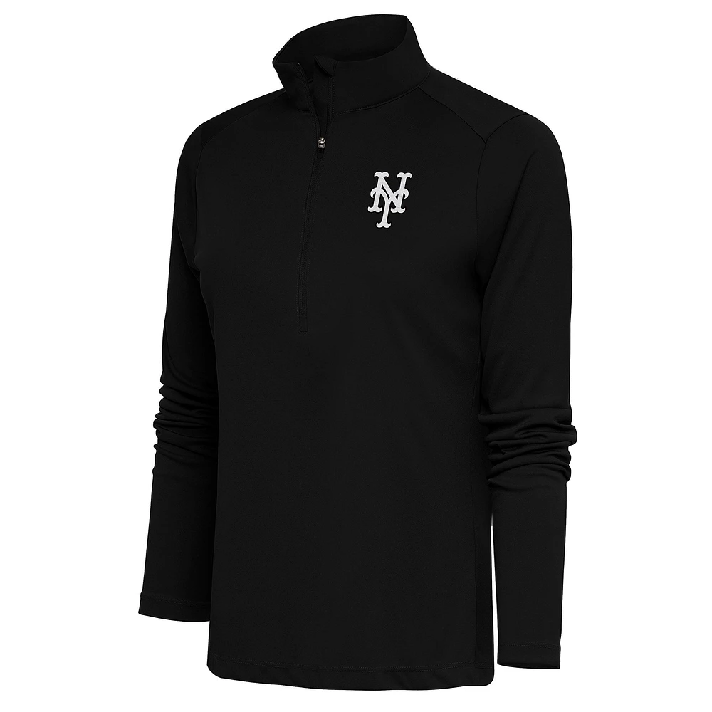 Women's Antigua Black New York Mets Brushed Metallic Tribute Half-Zip Pullover Top