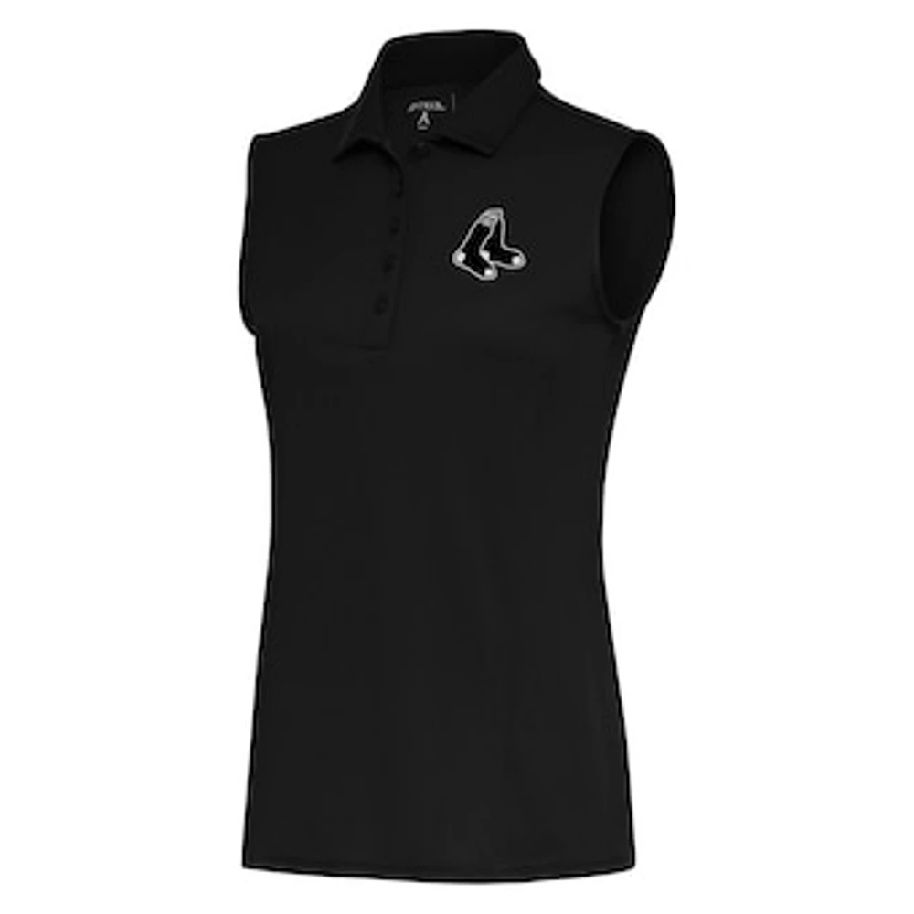 Women's Antigua Black Boston Red Sox Brushed Metallic Sleeveless Tribute Polo
