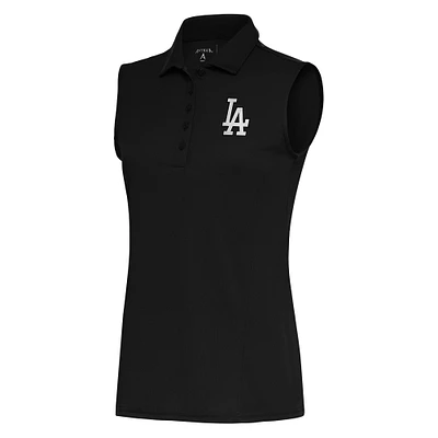 Women's Antigua Black Los Angeles Dodgers Brushed Metallic Sleeveless Tribute Polo