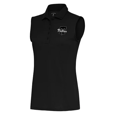 Women's Antigua Black Philadelphia Phillies Brushed Metallic Sleeveless Tribute Polo