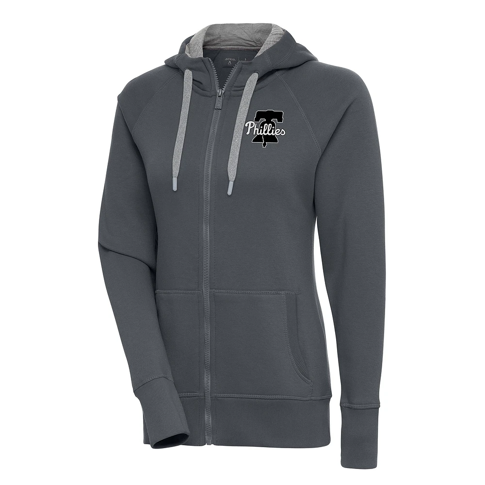Women's Antigua Charcoal Philadelphia Phillies Brushed Metallic Victory Full-Zip Hoodie